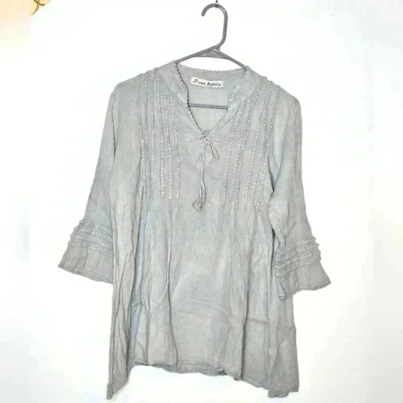 JP & Maddie Boho Flutter 3/4 Sleeve Cotton Ruffle Gray V-Neck Womens Small Tunic - Picture 1 of 6